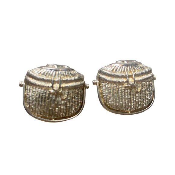 Nantucket Basket Clip On Earrings Silver Gold Tone Signed Bouganvillea Preppy - Picture 6 of 6